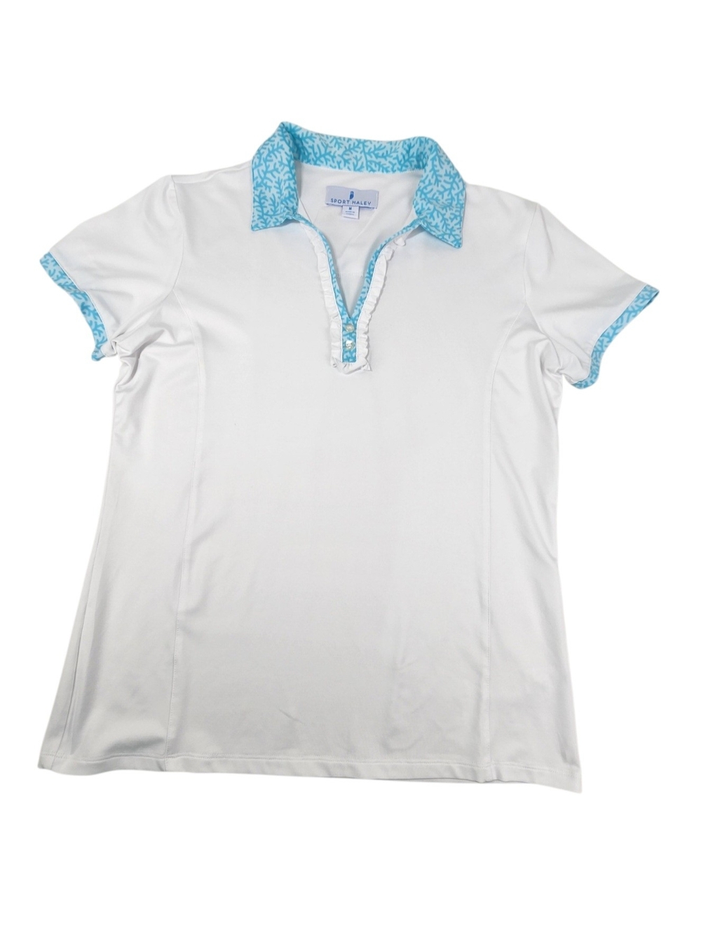 Sport Haley Golf Polo Shirt Womens Medium White Aqua Coral Trim Ruffle Stretch - Picture 2 of 12